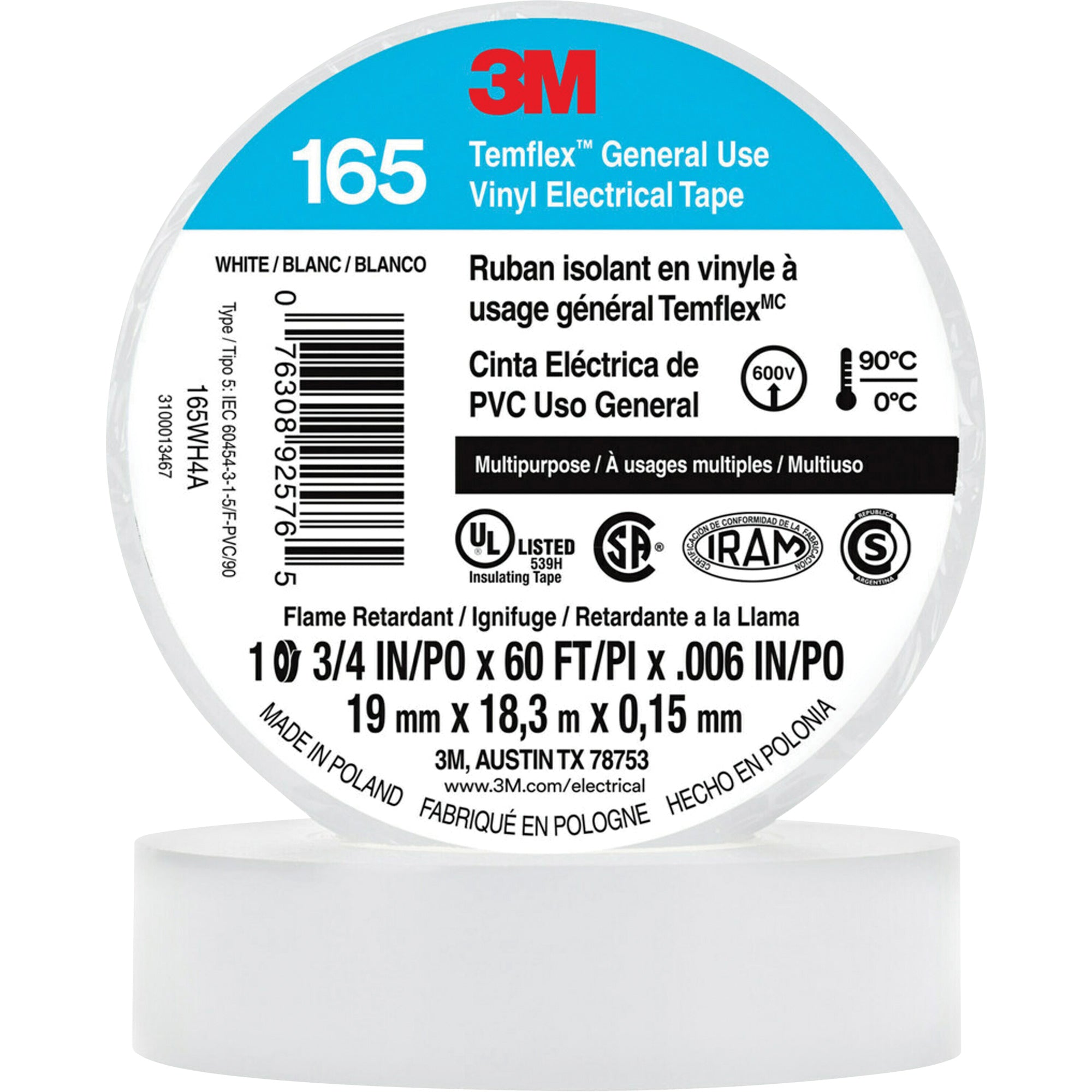 3M - Temflex™ General Use Vinyl Electrical Tape 165, 19 mm (3/4") x 18 M (60'), 6 mils