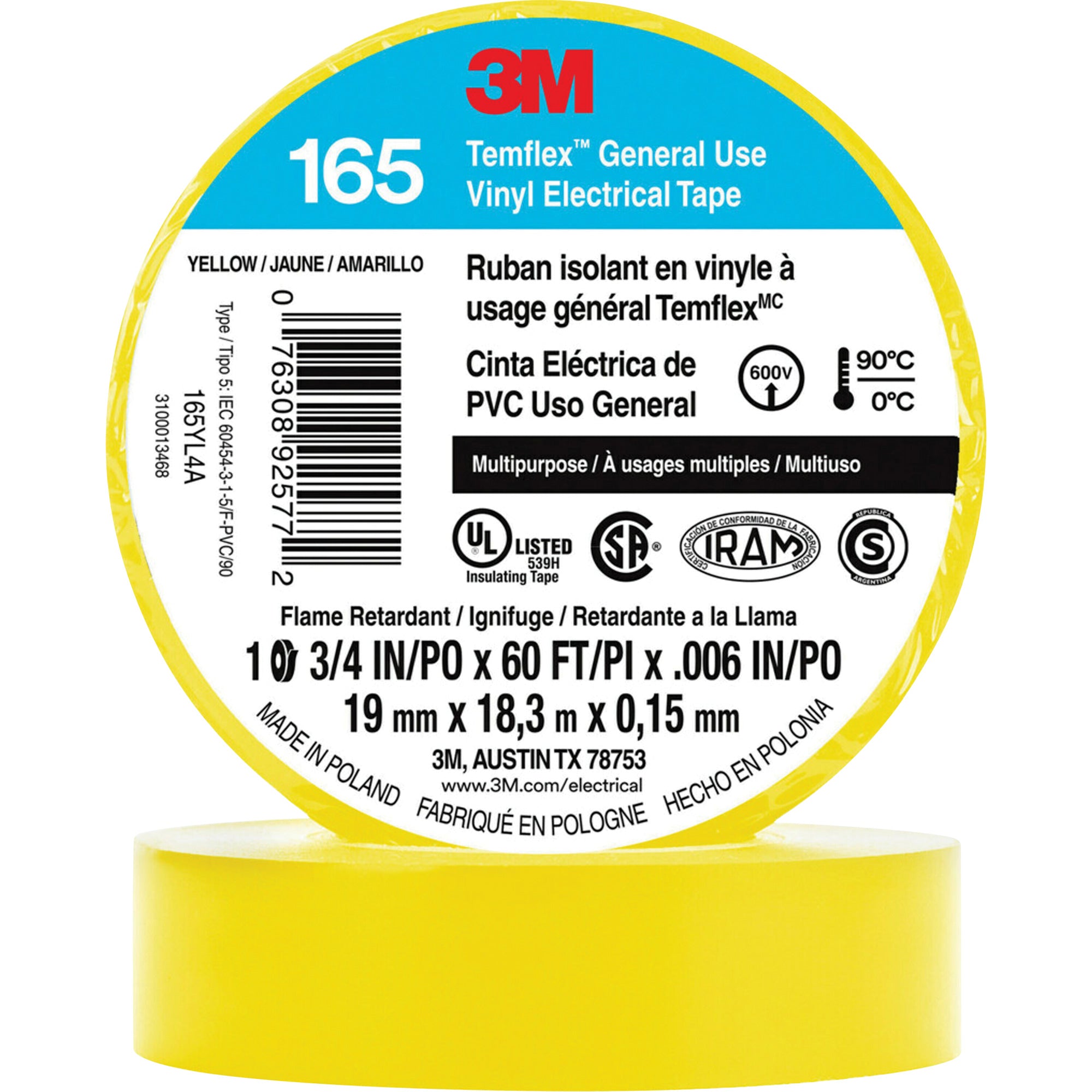 3M - Temflex™ General Use Vinyl Electrical Tape 165, 19 mm (3/4") x 18 M (60'), 6 mils