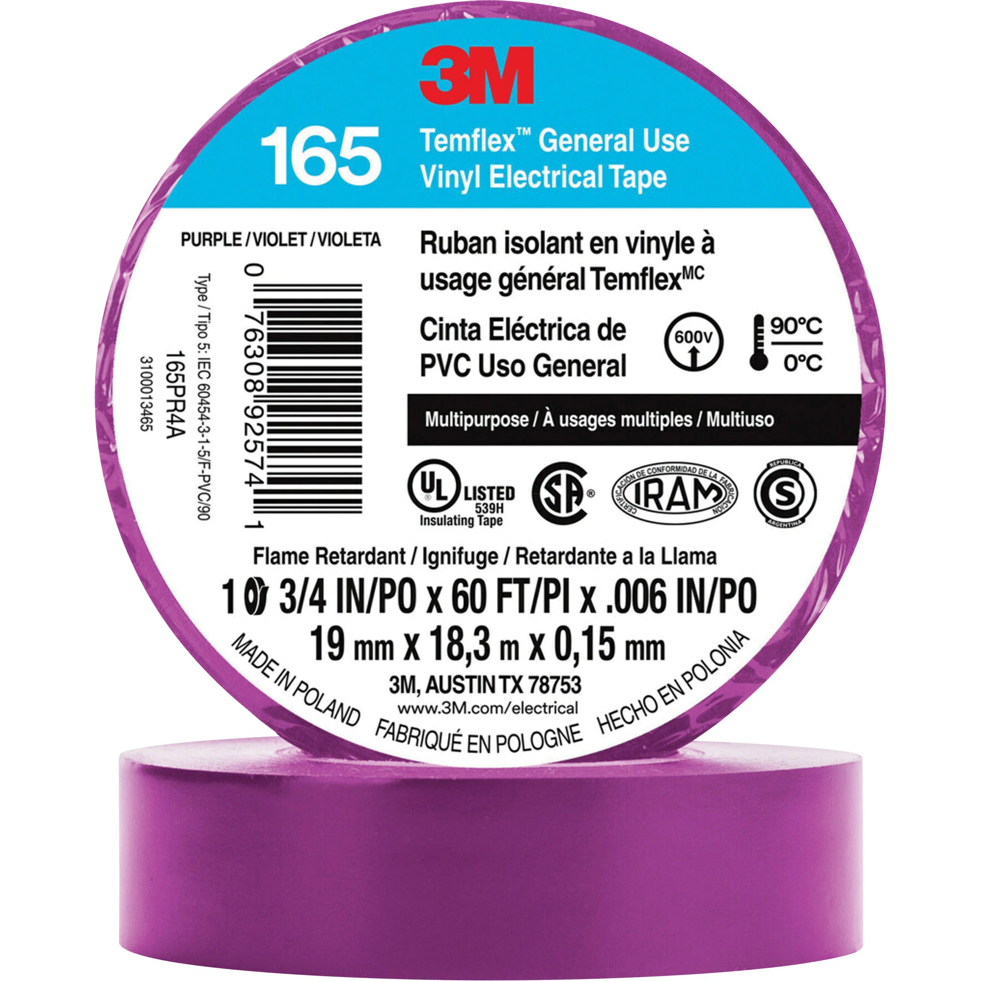 3M - Temflex™ General Use Vinyl Electrical Tape 165, 19 mm (3/4") x 18 M (60'), 6 mils