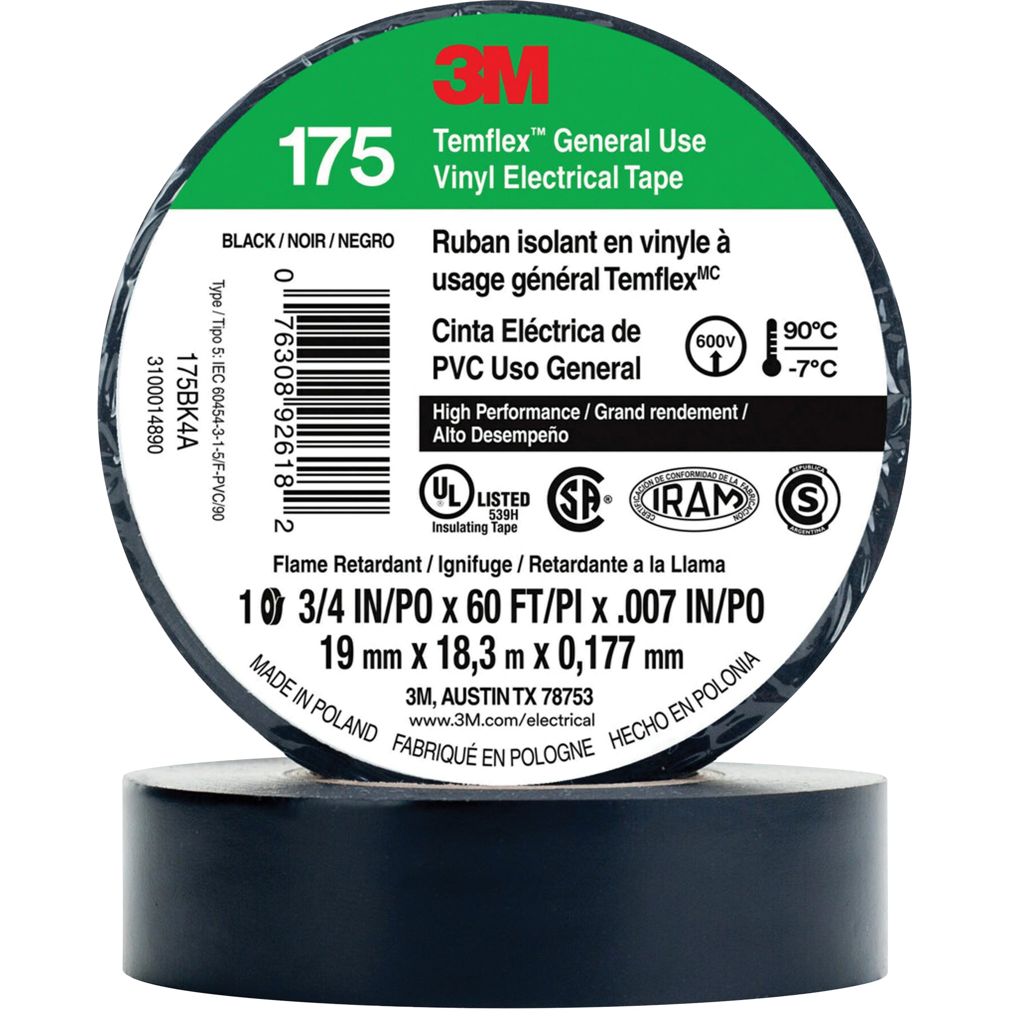 3M - Temflex™ General Use Vinyl Electrical Tape 175, 19 mm (3/4") x 18 M (60'), Black, 7 mils